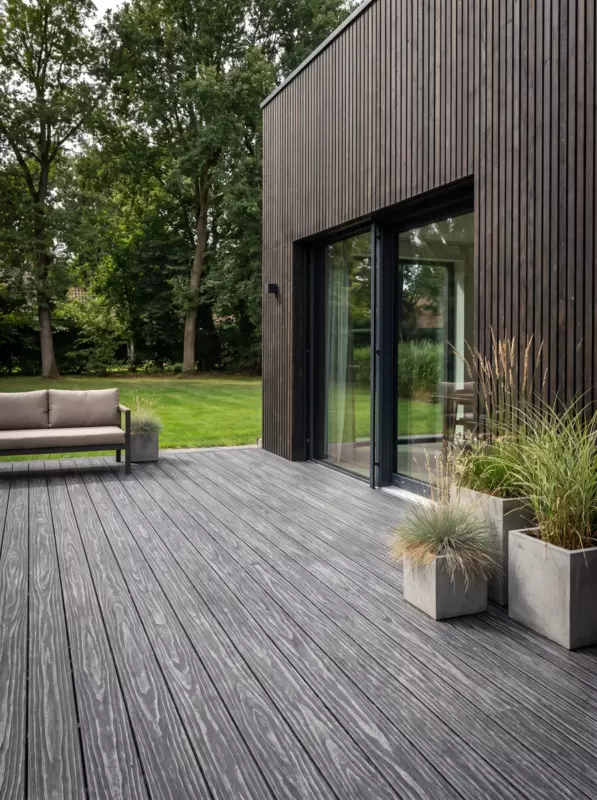 Пример настила Decking Urban у дома, Жжёный кедр